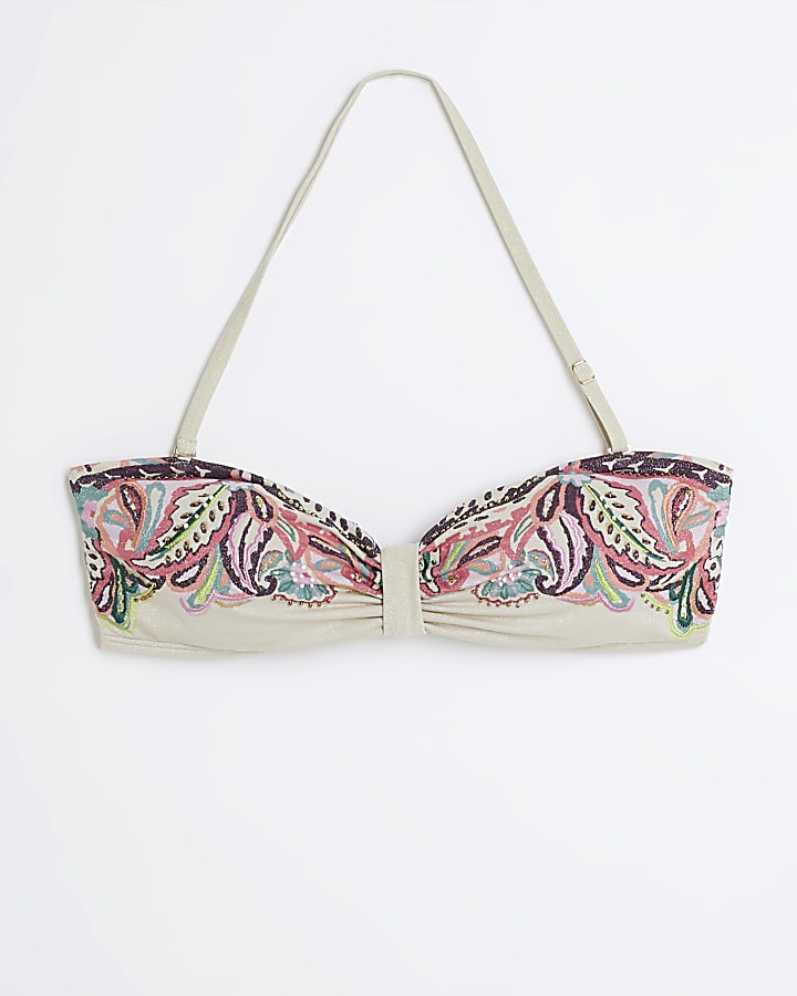 Cream Embroidered Paisley Bandeau Bikini Top River Island