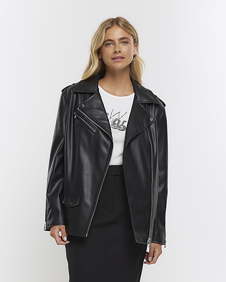 Black Faux Leather Oversized Biker Jacket River Island