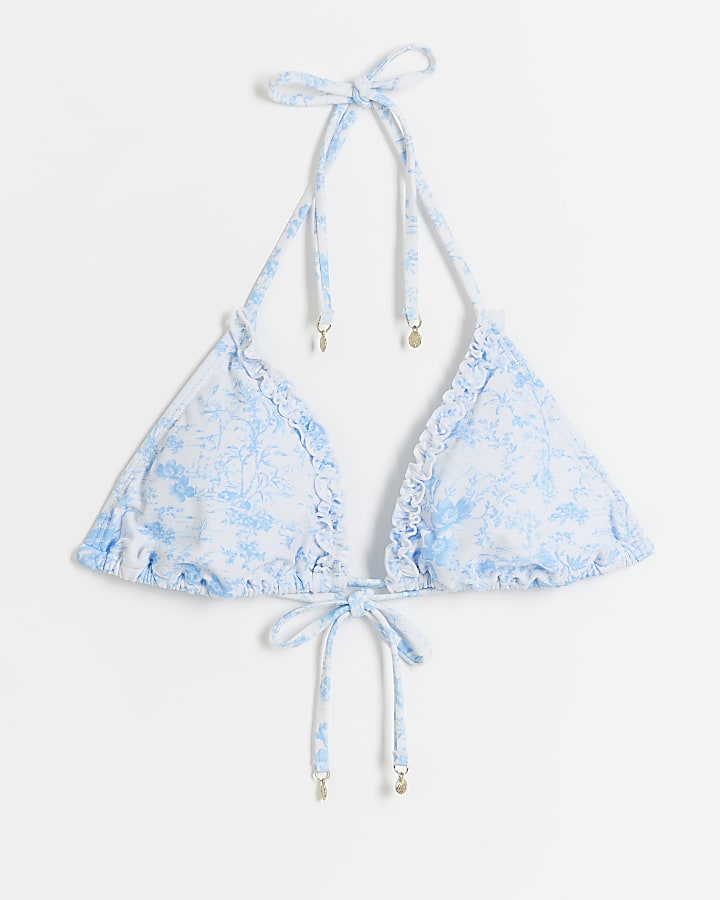 White Floral Frill Triangle Bikini Top River Island