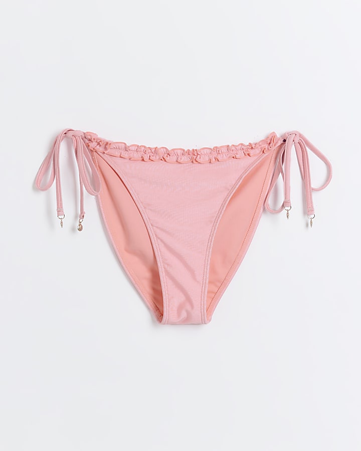 Coral Tie Side Frill Bikini Bottoms River Island