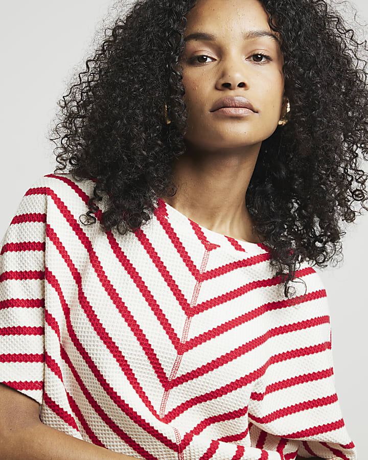 Red Textured Stripe T Shirt River Island