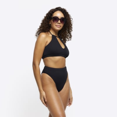 Black Crinkle Halter Bikini Top River Island