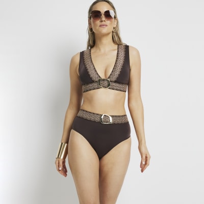 Brown Buckle Elastic Bikini Top River Island