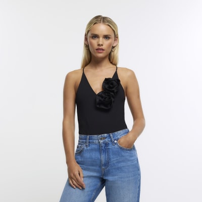 Petite Black Corsage Plunge Bodysuit River Island