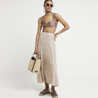 Rose Gold Sequin Midi Skirt River Island