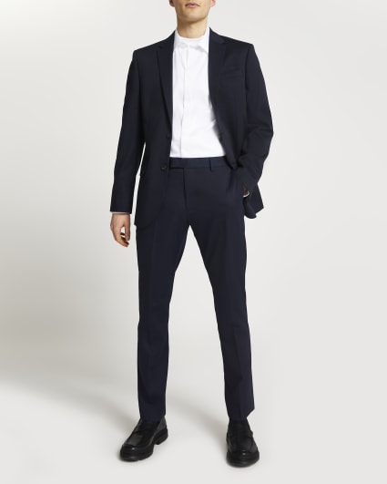 Navy slim fit twill suit trousers