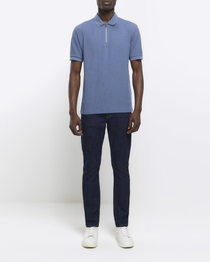Blue Regular Fit Textured Zip Neck Polo