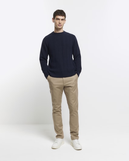 Navy slim fit wool blend crew jumper