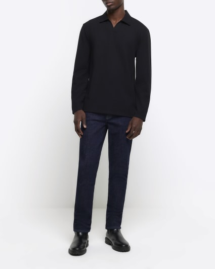 Black Slim Fit Open Neck Polo