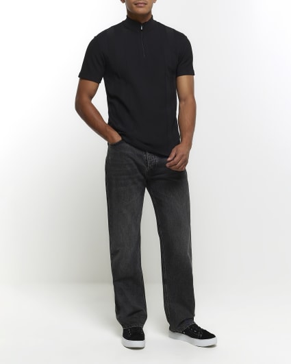 Black slim fit funnel neck polo