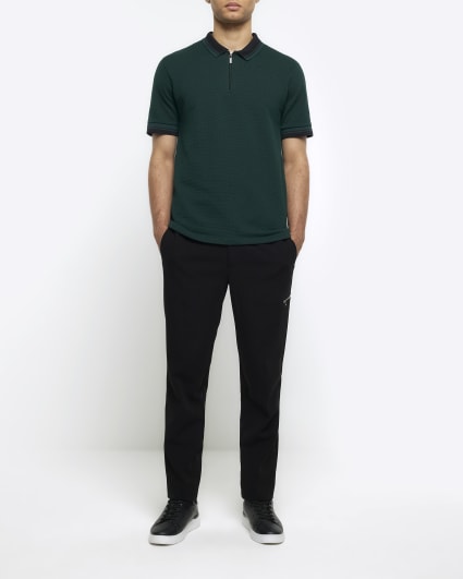 Green slim fit taped collar polo