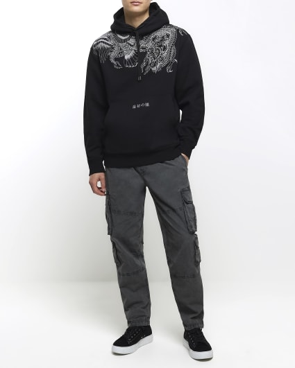 Black regular fit embroidered dragon hoodie
