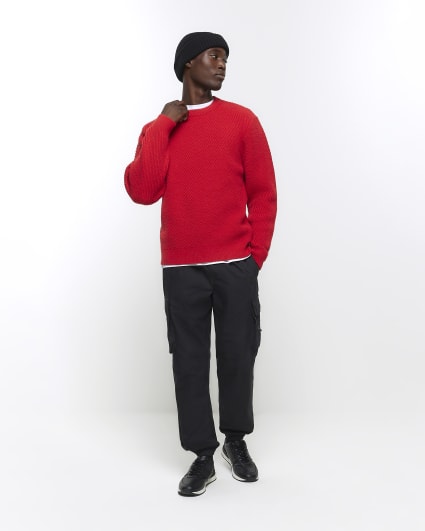 Red regular fit diagonal stitch jumper