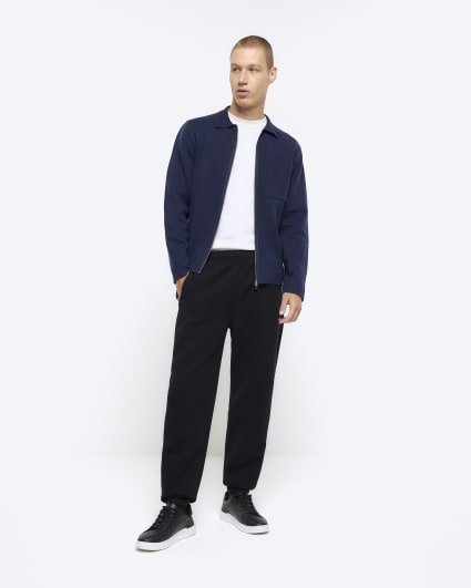 Navy slim fit knitted zip up cardigan