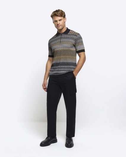 Grey slim fit striped knitted polo