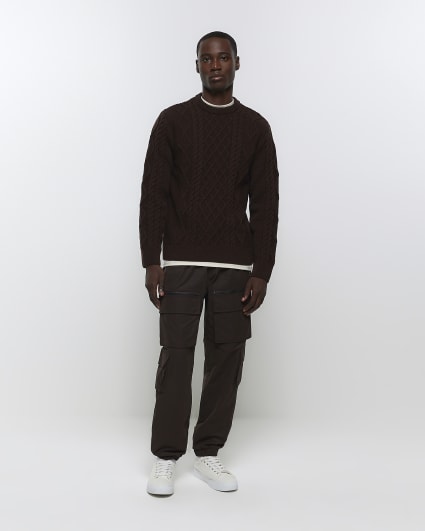 Brown slim fit cable knit jumper