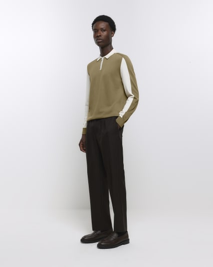 Green slim fit knitted colour block polo