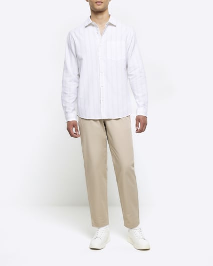 White regular fit striped linen blend shirt