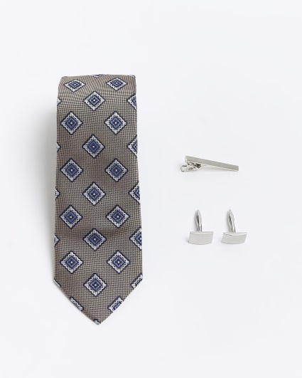 Beige geometric tie and cufflink gift box