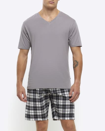 Grey regular fit check shorts pyjama set
