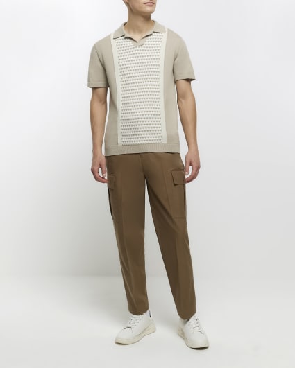 Stone slim fit knitted open collar polo