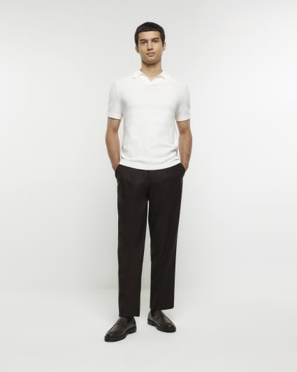 White slim textured open collar polo shirt