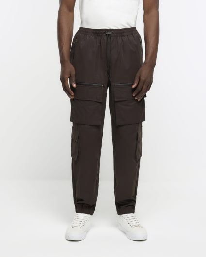 Brown slim fit multi pocket cargo trousers