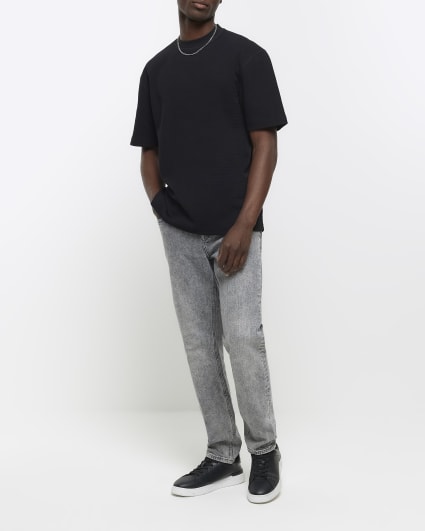 Black regular fit waffle texture t-shirt