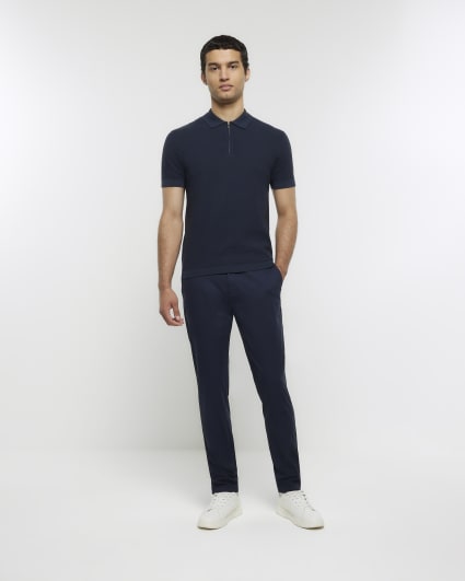Navy slim fit knitted short sleeve polo
