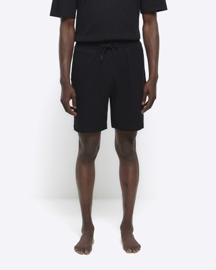 Black regular fit waffle lounge shorts