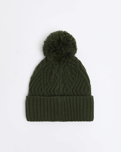 Green cable knit bobble beanie