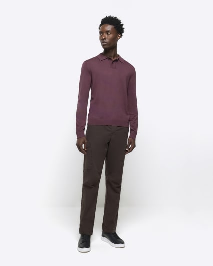 Purple slim fit knitted long sleeve polo