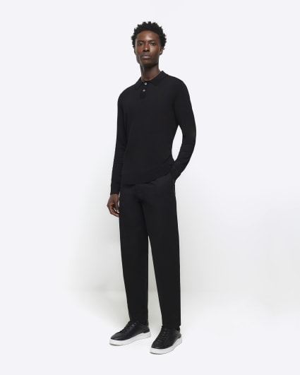 Black slim fit knitted long sleeve polo