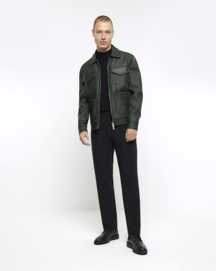Green regular fit faux leather western jacket