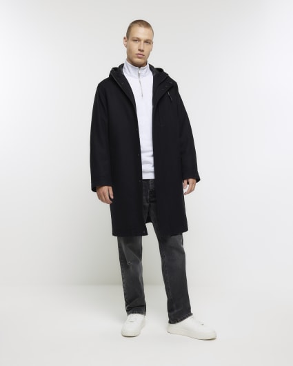 Black regular fit wool blend parka coat