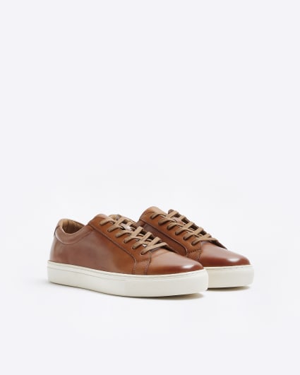 Brown faux leather lace up trainers