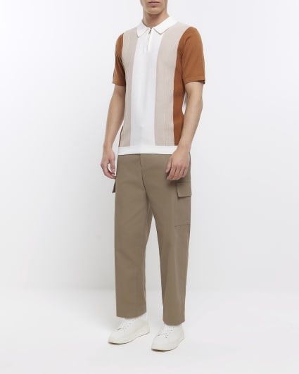 Ecru slim fit knitted colour block polo shirt