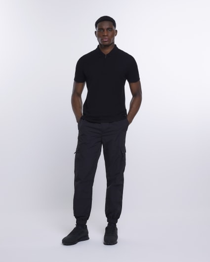 Black slim fit honeycomb polo shirt