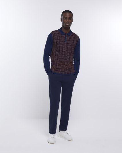 Navy slim fit knitted geometric polo