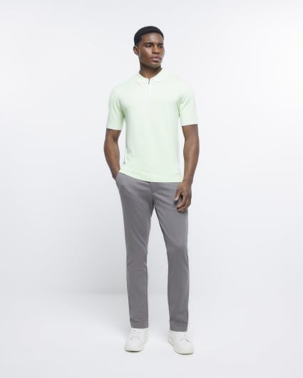 Green slim fit knitted half zip polo shirt