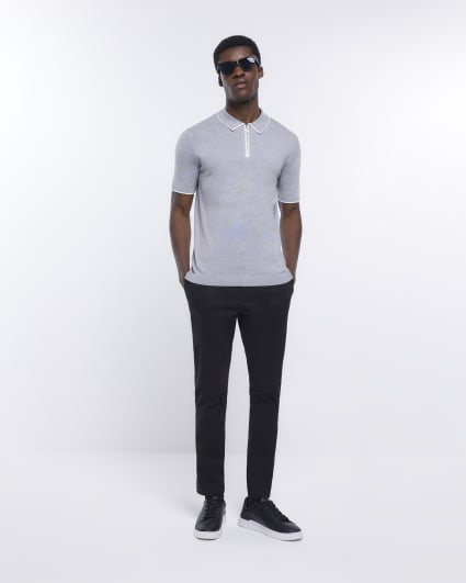 Grey slim fit knitted half zip polo