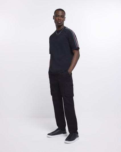 Black regular fit taped knitted t-shirt