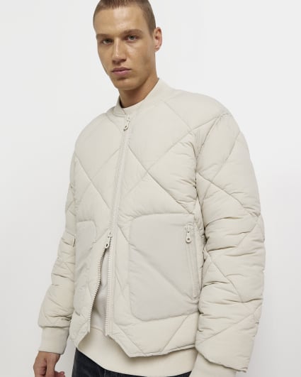 Stone regular fit quilted bomber jacket
