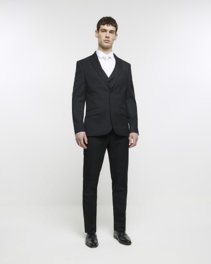 Black skinny fit herringbone suit jacket