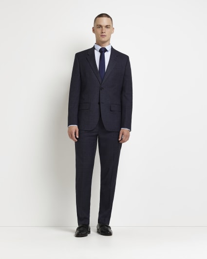 Navy slim fit check trousers