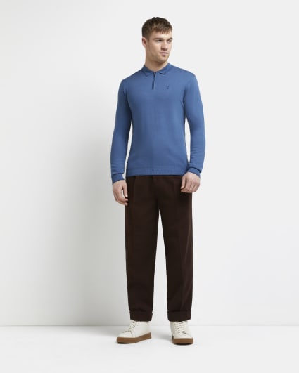 Blue slim fit long sleeve knitted polo shirt