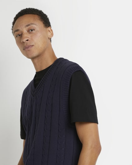 Navy slim fit cable knit sleeveless jumper