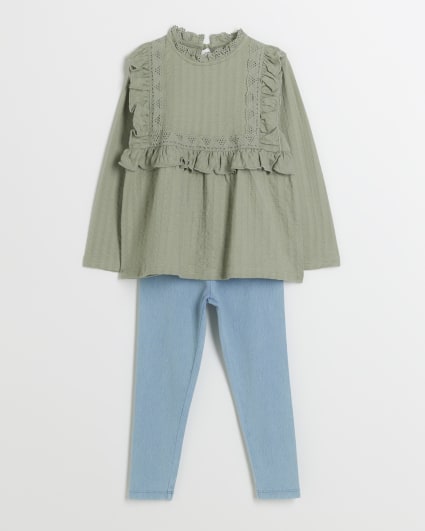 Mini girls khaki frill long sleeve blouse set