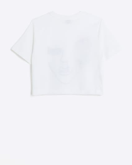 Girls White Flower Face Graphic Crop T-shirt