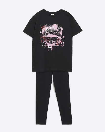 Girls black graphic t-shirt and leggings set